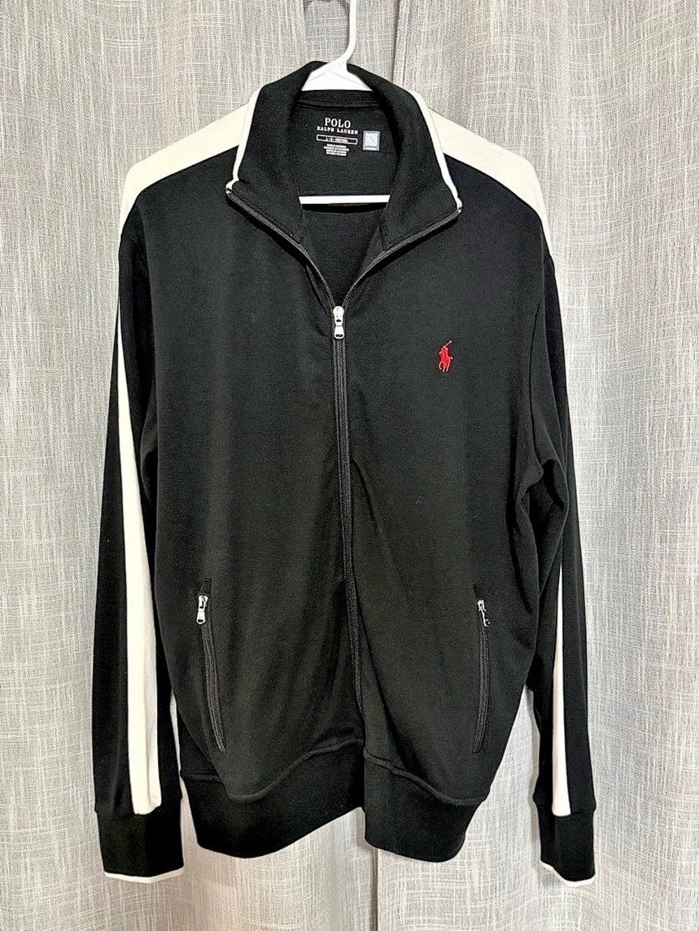 Polo Ralph Lauren Track Jacket Mens Large Black White Full Zip Stripe Logo